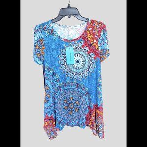 POPYOUNG Women's Small Blue Floral Tunic Top Short Sleeve Multicolor Design NEW